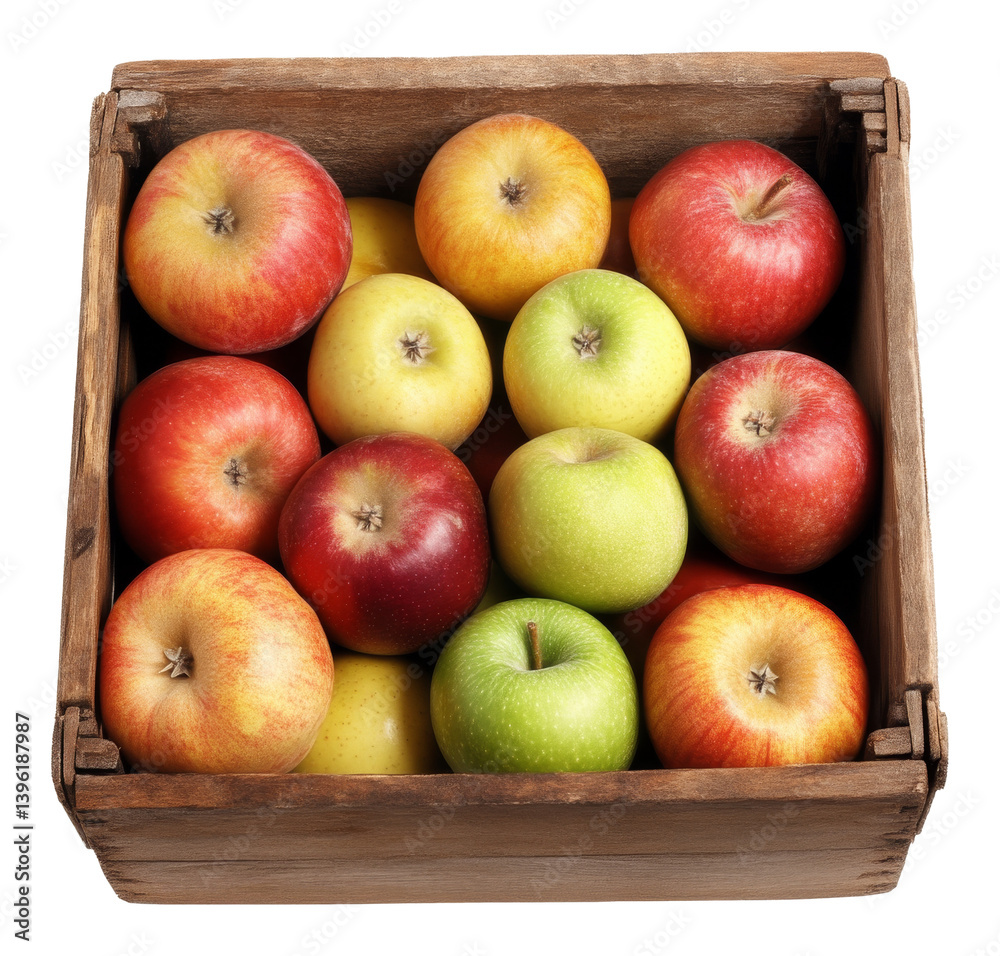 Mixed apples in a wooden crate with vibrant colors and organic freshness Mixed apples in a wooden crate with vibrant colors and organic freshness