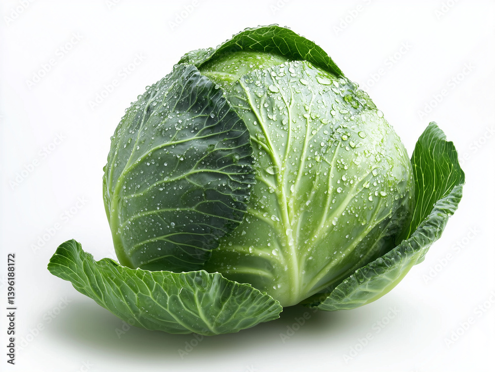 Obraz premium Fresh green cabbage with water drops on white background