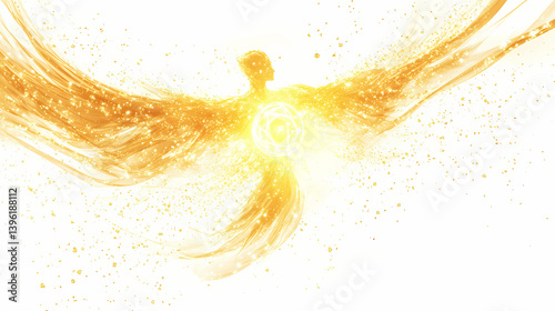 Arcane explosion of light particles, luminous glyphs spinning within magical wisps, white background. Arcane Glyphs. Illustration