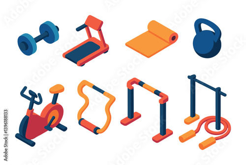 3d isometric fitness icon set: treadmill, dumbbell, kettlebell, yoga mat, exercise bike