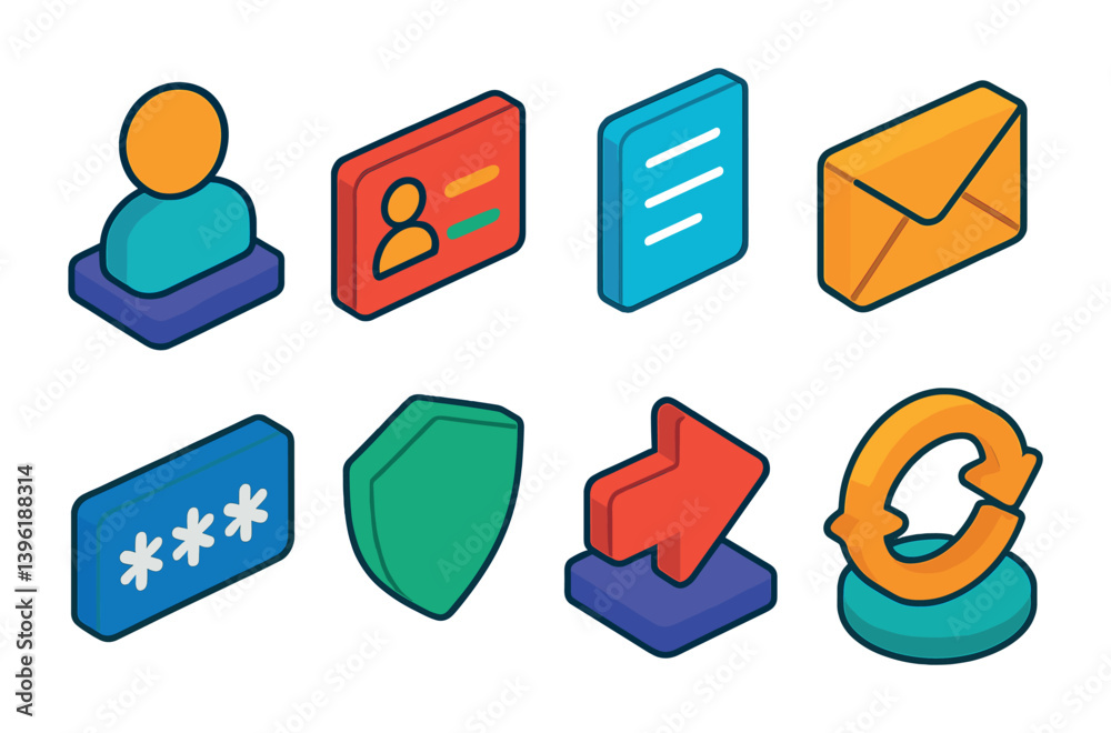 3d isometric user interface icons set: profile, security, and email elements 3d isometric user interface icons set: profile, security, and email elements
