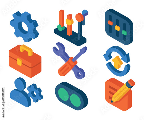 Isometric business and finance icon set: tools, charts, and settings