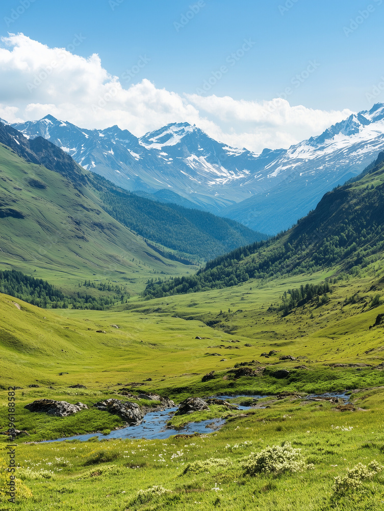 Fototapeta premium Mountain river flowing through green valley under blue sky