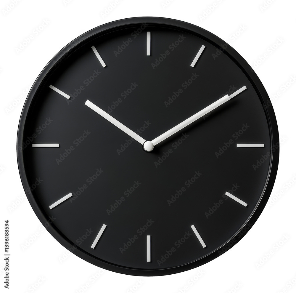 Black minimalist wall clock with white hands on transparent background, close-up detail Black minimalist wall clock with white hands on transparent background, close-up detail