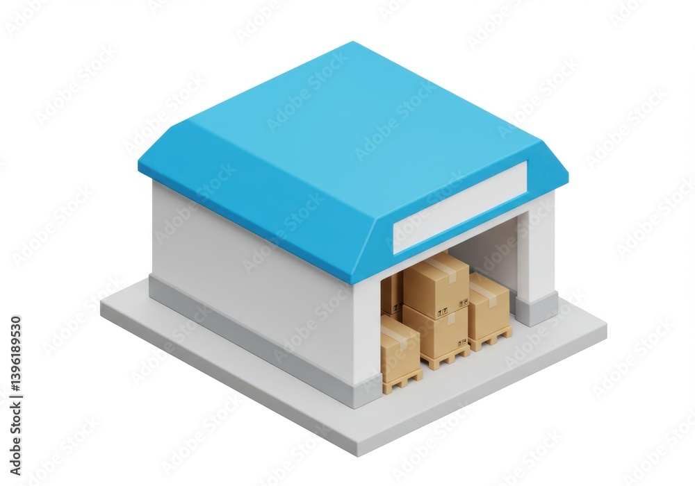 Isometric warehouse with blue roof and stacked carton boxes Isometric warehouse with blue roof and stacked carton boxes