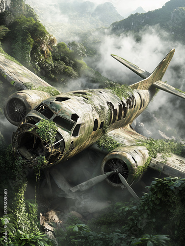 Abandoned airplane wreckage covered in jungle vegetation