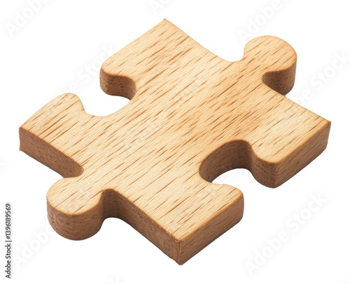 Wooden puzzle piece with natural grain texture on a transparent background, game concept