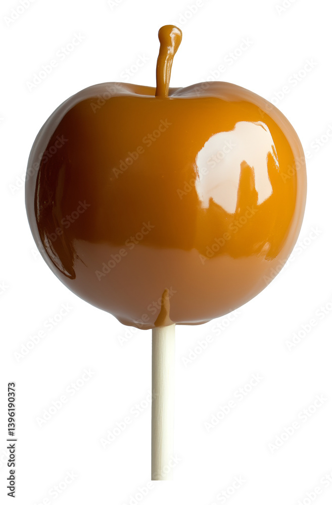 Obraz premium Caramel apple on a stick with glossy coating on transparent background