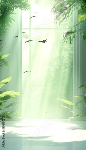 Tropical Window with Birds, and Sunlight.