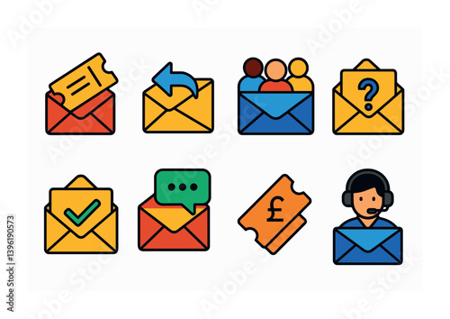 Customer support icons set: communication, assistance, helpdesk, messaging, tickets