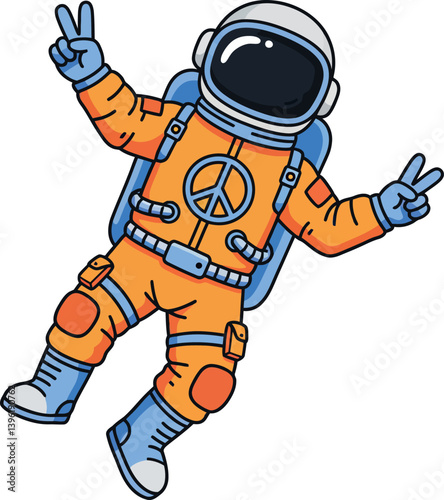 Playful astronaut in orange suit giving peace sign in flat vector art