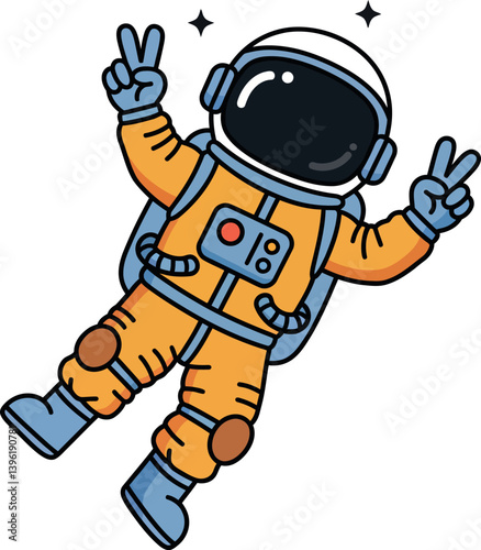 Astronaut in an orange space suit making a peace sign in flat vector art