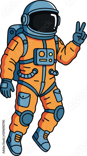 Astronaut in a vibrant orange suit making a peace sign in a playful flat vector illustration