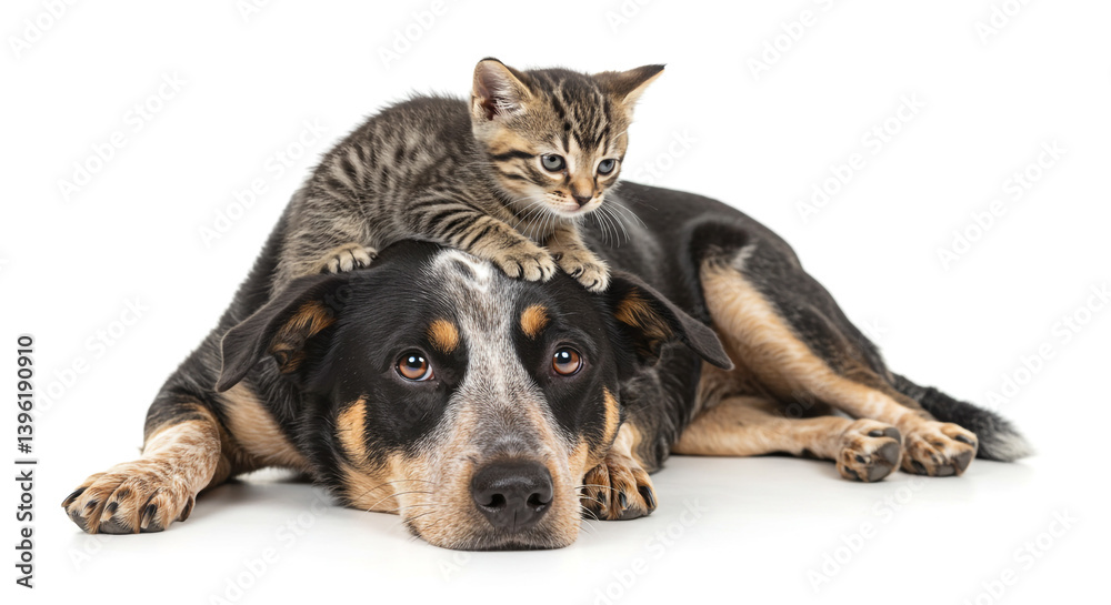 Fototapeta premium A playful kitten perched atop a patient dog, a heartwarming scene of interspecies friendship against a stark white background.