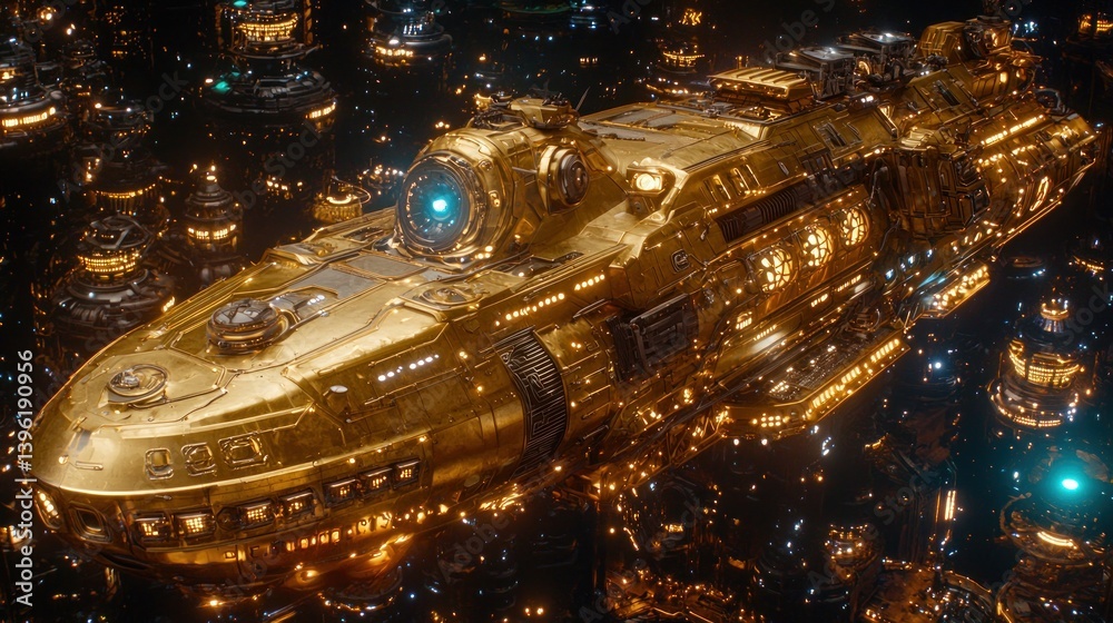 Obraz premium Golden spaceship in a futuristic city
