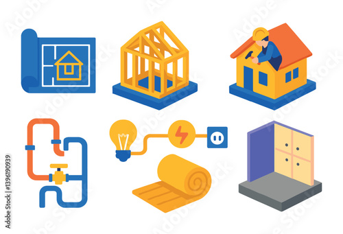 Home construction and renovation icons set: 3d style for architecture projects