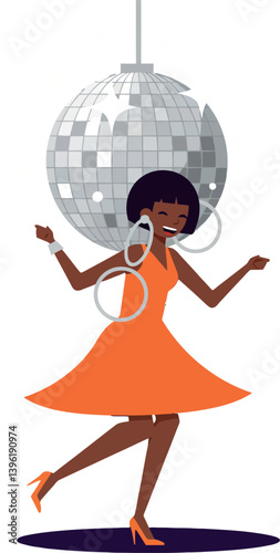 A joyful woman dancing in an orange dress beneath a sparkling disco ball in flat vector art