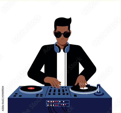 DJ performing at a lively party in a flat vector illustration style with vibrant colors and energetic atmosphere vector art