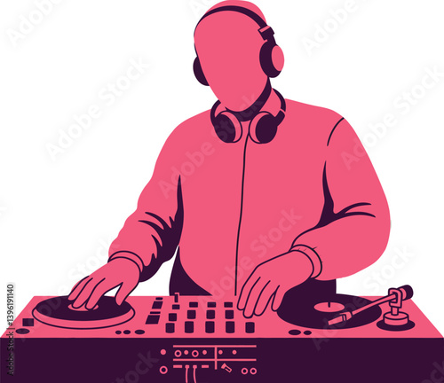 DJ mixing vibrant beats with turntables in flat vector art style, showcasing energy and rhythm in a lively setting
