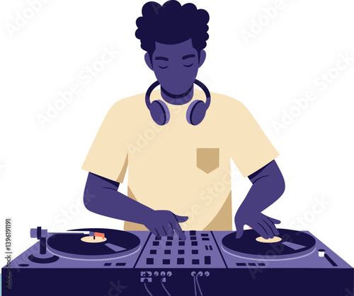 DJ mixing music at turntables in a vibrant flat design vector art
