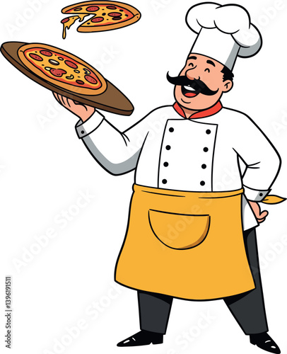 Happy chef in white uniform and apron tossing pizza in the air in a flat vector illustration