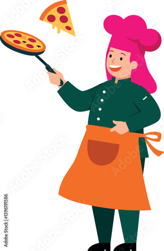 Cheerful chef tossing pizza dough in a bright kitchen, minimal vector art