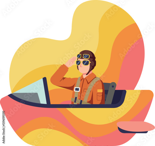 Pilot in orange flight suit saluting from colorful retro airplane, flat vector art