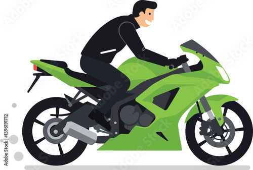 A man riding a vibrant green motorcycle in a dynamic flat vector illustration