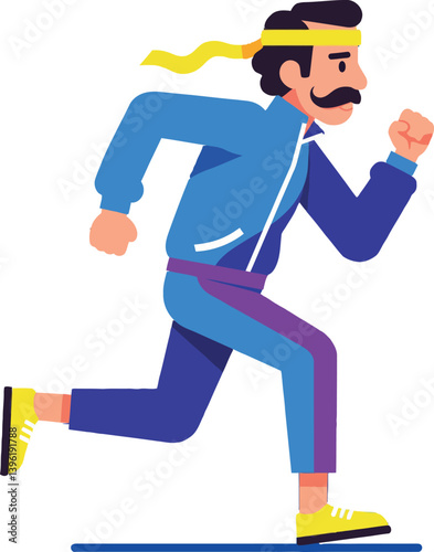 A man in a blue tracksuit sprinting energetically with a yellow headband in a flat vector art style