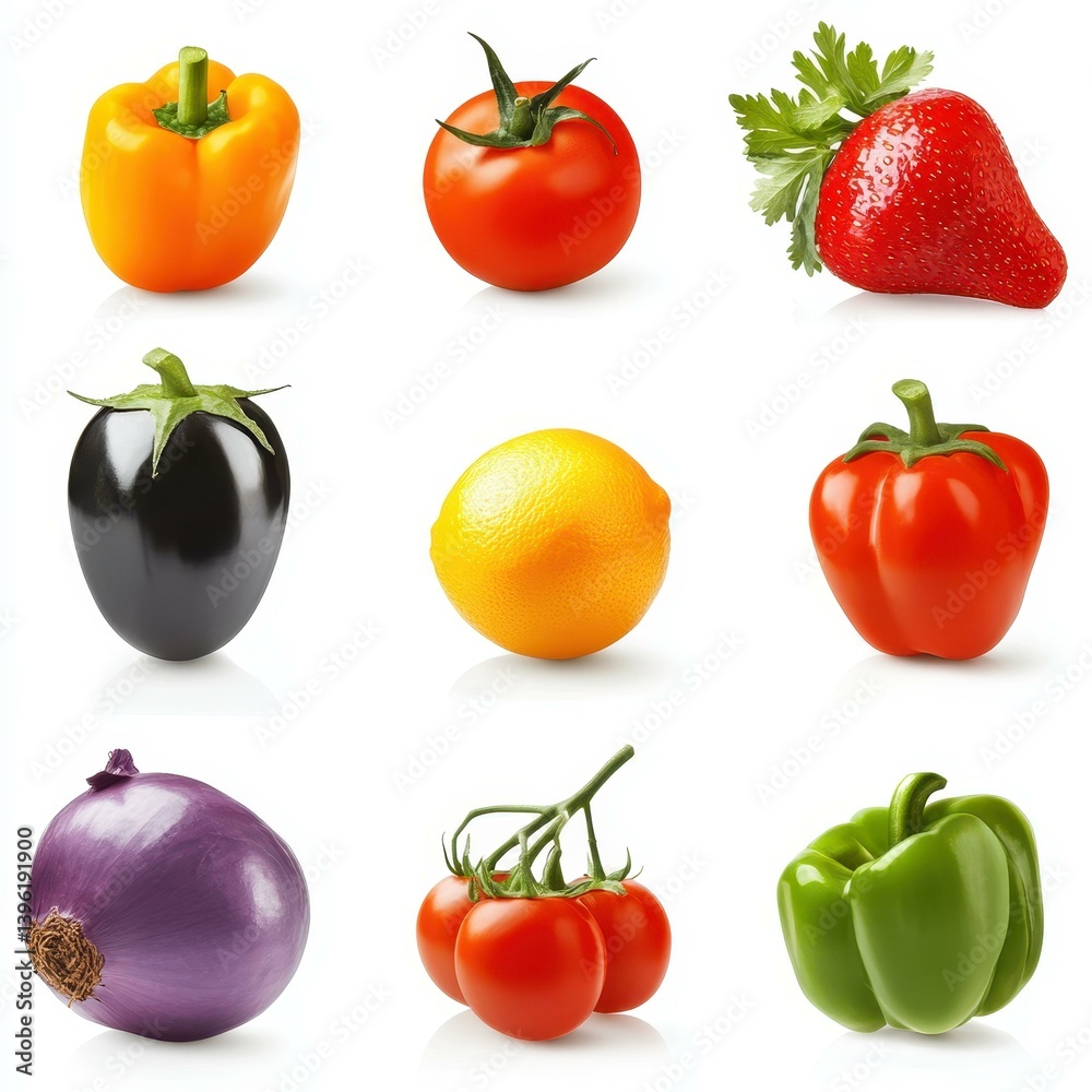 Fresh and vibrant fruits and veggies, perfect for healthy meals or snacks, isolated on a clean white background.