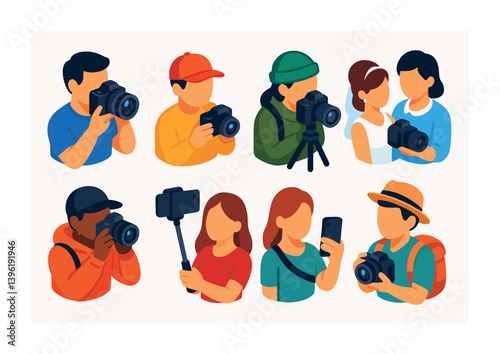 Photographer icons set – diverse characters with cameras in flat style