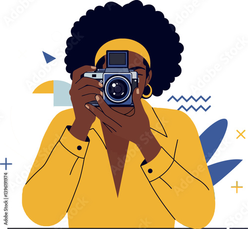 Young woman with curly hair holding a camera in a vibrant yellow outfit, flat vector illustration