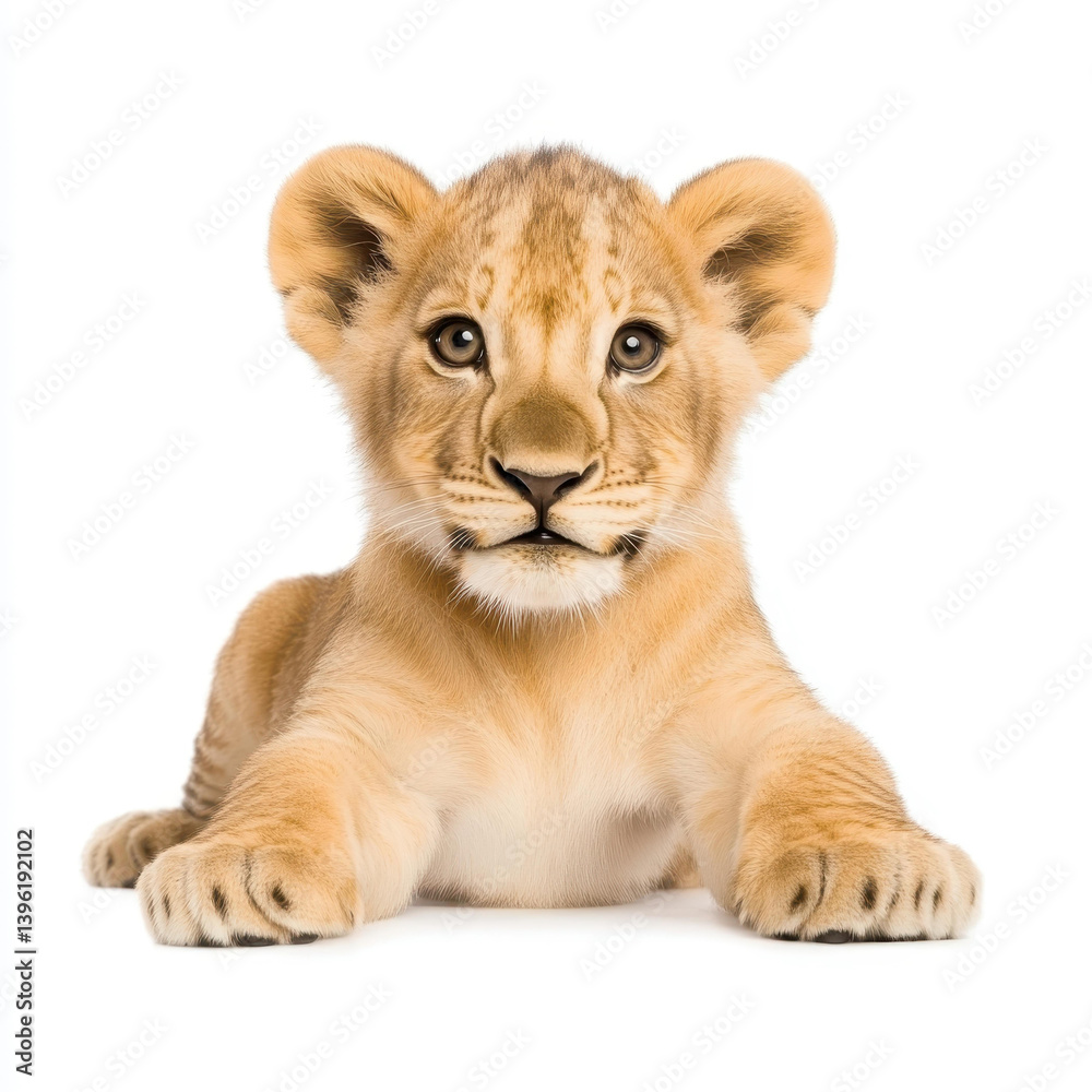 Adorable lion cub with fluffy fur, showcasing its playful nature against a crisp white background. Perfect for wildlife lovers Adorable lion cub with fluffy fur, showcasing its playful nature against a crisp white background. Perfect for wildlife lovers