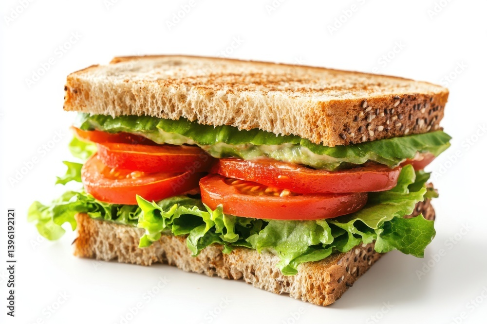 Close up of a sandwich with lettuce and tomato on toasted bread Close up of a sandwich with lettuce and tomato on toasted bread