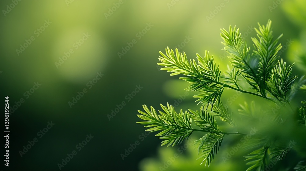 Close up of vibrant green coniferous plant with blurred background in natural light setting Close up of vibrant green coniferous plant with blurred background in natural light setting