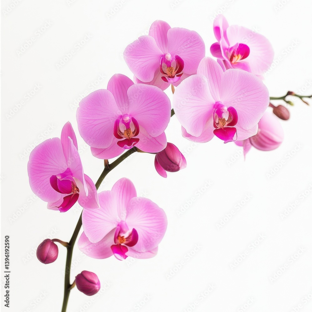 A close up view of a stem of pink orchids with buds and blossoms A close up view of a stem of pink orchids with buds and blossoms