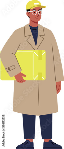 A man wearing glasses and a yellow cap holding a large yellow folder in a minimal vector illustration