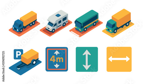 Isometric vehicle and traffic signs icon set: trucks, camper, bus, and road signs