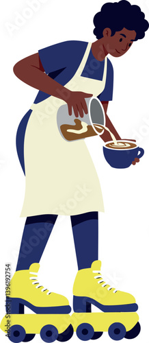 A young person on roller skates preparing food in a bright, playful, flat vector illustration