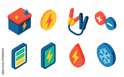 Colorful isometric energy and battery icons set for technology design projects