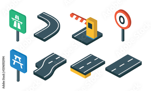 3d isometric road and traffic icon set for map and navigation design