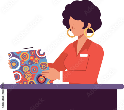 A woman with curly hair in red blouse examining a colorful folder in a flat vector illustration