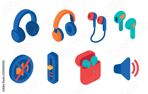 Isometric 3d audio and music icons set for app and web interface design