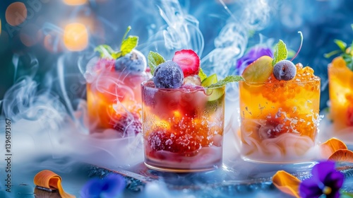 Fototapeta Naklejka Na Ścianę i Meble -  Colorful cocktails with smoke effect served at an outdoor party during twilight hours, showcasing vibrant fruits and herbs