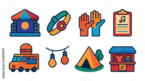 Outdoor music festival icons set: 3d style including stage, bracelet, hands, music, food truck, lights, tent, booth