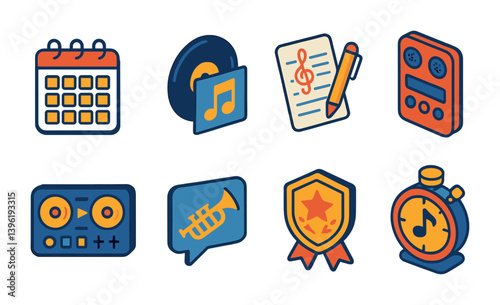 Music and event planning icon set: instruments, calendar, awards & more in flat design