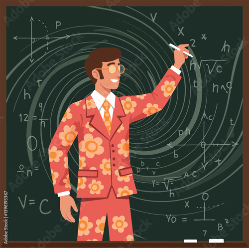 A man in a floral suit enthusiastically teaching a physics lesson in a flat vector art style