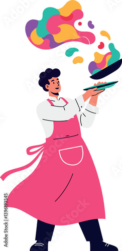 Chef in a pink apron joyfully tossing colorful ingredients in the air, flat vector art
