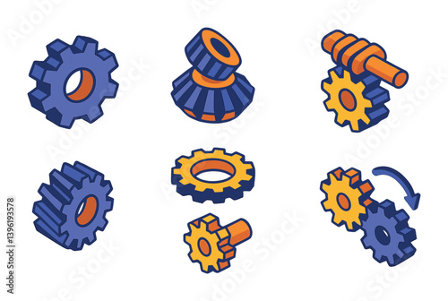 Colorful 3d gear icons set: mechanical and industrial components collection