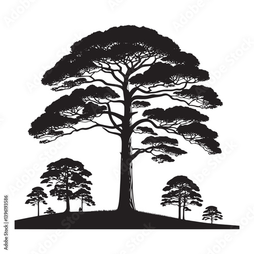 Pine Tree Vector Silhouette, Elegant Evergreen Tree Outline, Nature-Inspired Clipart for Wall Art, Logos, Stickers, Apparel, Digital Prints, Crafts, Posters, and Home Decor.